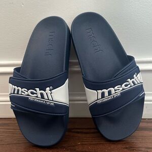 New With Tags (NWT) MSCHF Navy and White Slides
